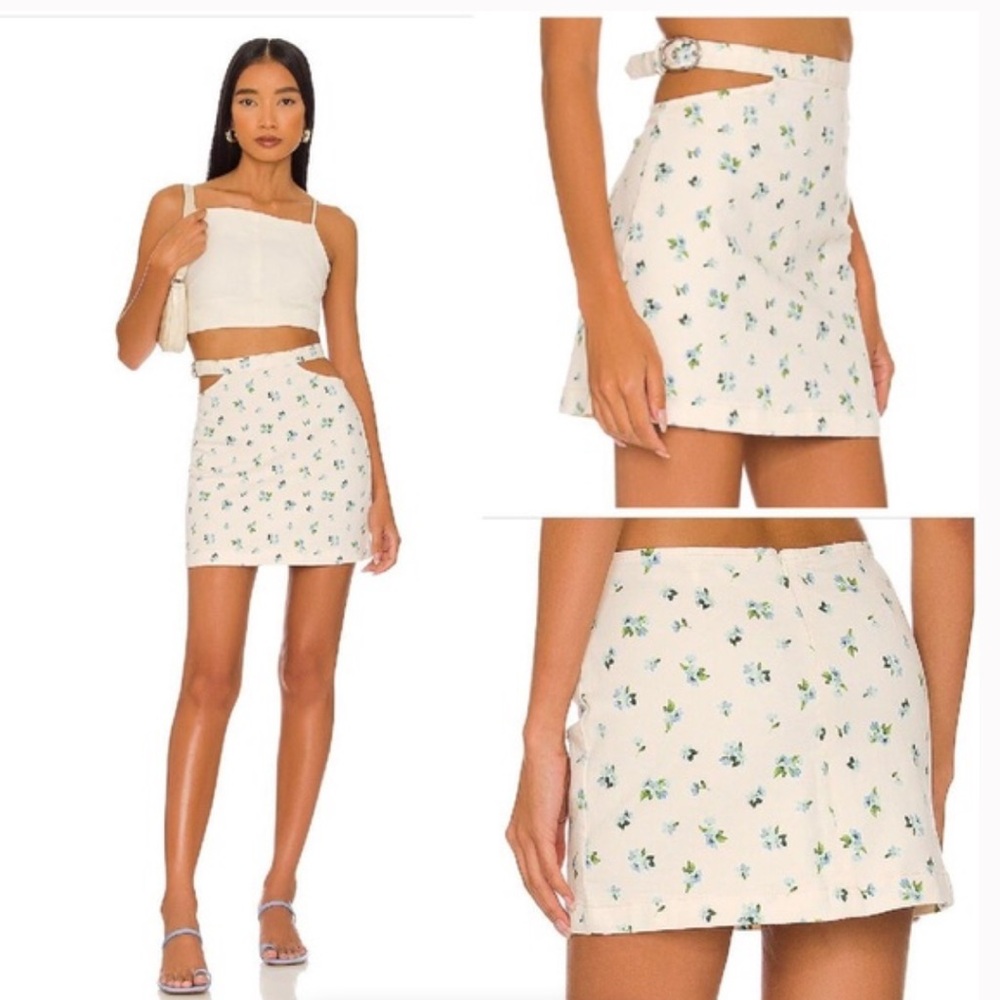 WeWoreWhat cut out mini skirt in Watercolor beige off white blue Floral M NWT